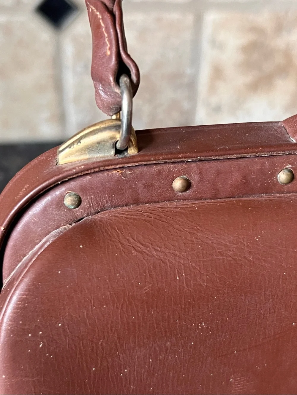 Vintage French Brown Leather| Made in France Top Handle Handbag | 1950s 1960s